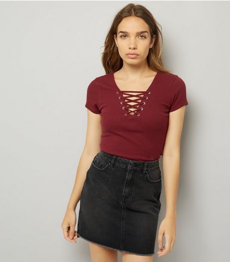 Burgundy Lattice Front Short Sleeve T-Shirt | New Look