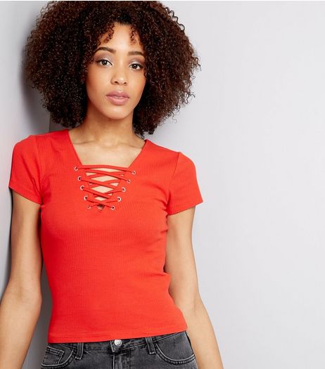 Orange Lace Up Front Ribbed T-Shirt | New Look