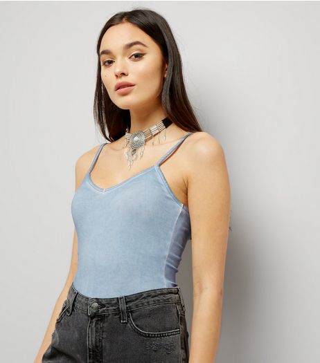 Pale Blue Washed Strappy Bodysuit | New Look