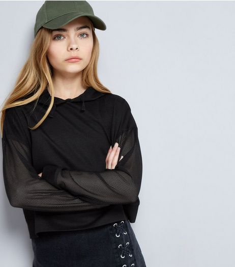 Teens Black Mesh Sleeve Hoodie | New Look