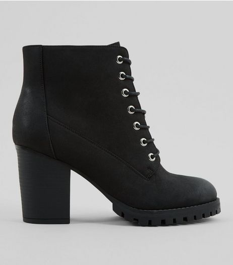 Wide Fit Black Lace Up Heeled Biker Boots | New Look