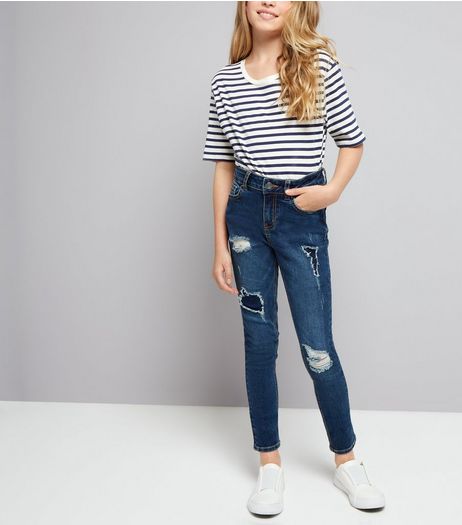 Teens Navy High Waist Distressed Skinny Jeans | New Look
