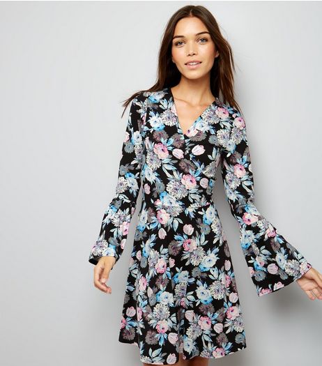 Black Floral Print Wrap Front Dress | New Look