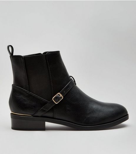 Wide Fit Black Buckle Strap Metal Trim Boots | New Look