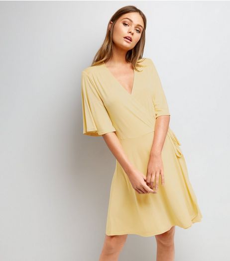 Yellow Wrap Front 1/2 Sleeve Skater Dress | New Look