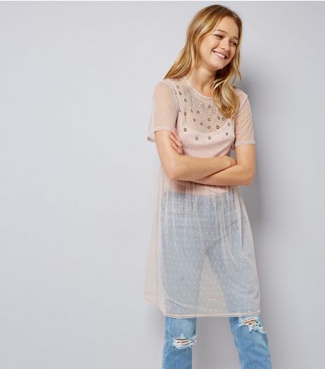 Pink Embellished Spot Mesh Dress | New Look