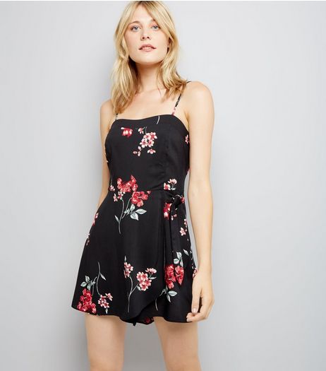 Black Floral Print Wrap Front Skort Playsuit | New Look