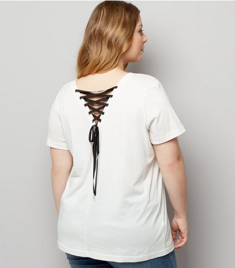 Curves Cream Lace Up Back T-Shirt | New Look