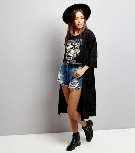Black Pleated 3/4 Sleeve Kimono | New Look