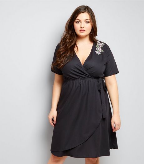 Curves Black Floral Emroidered Shoulder Wrap Front Dress | New Look