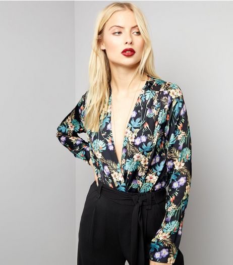 Blue Vanilla Black Floral Print Wrap Front Bodysuit | New Look