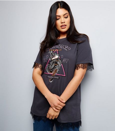 Curves Dark Grey Snake Print Lace Trim Oversized T-Shirt | New Look