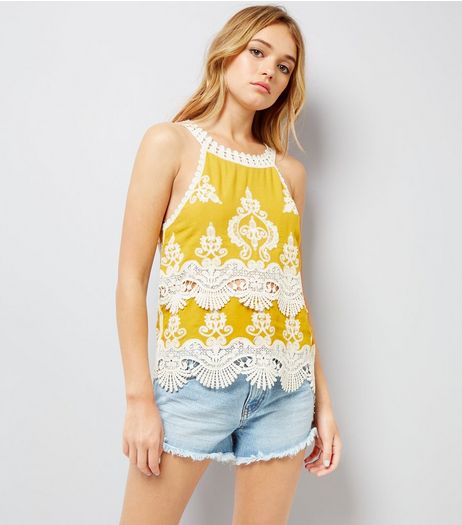 Yellow Crochet Lace Trim Crop Top | New Look