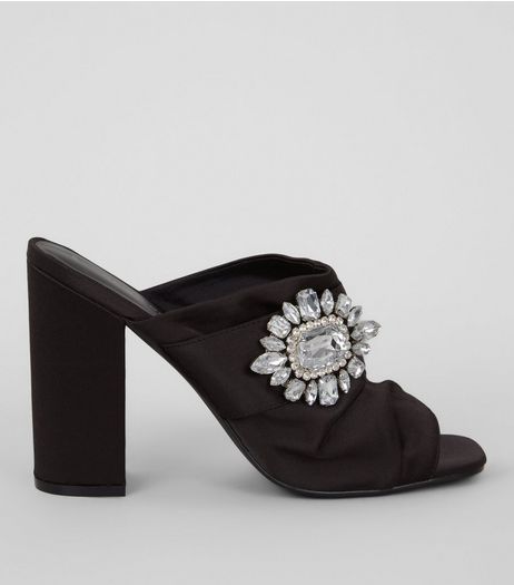 Black Satin Chunky Crystal Embellished Block Heels | New Look