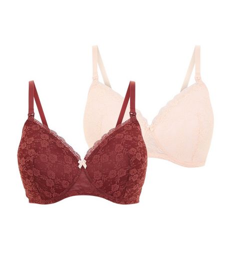 Maternity 2 Pack Pink and Burgundy Lace Bras | New Look