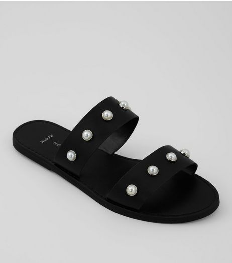 Wide Fit Black Pearl Strap Mules | New Look