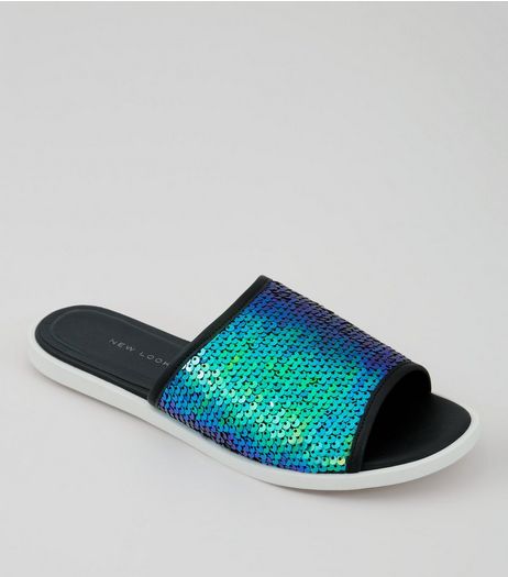 Wide Fit Blue Sequin Sliders | New Look