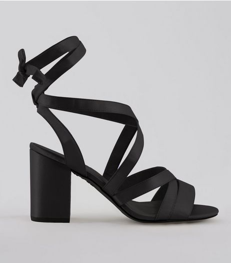Wide Fit Black Satin Ankle Tie Heels | New Look