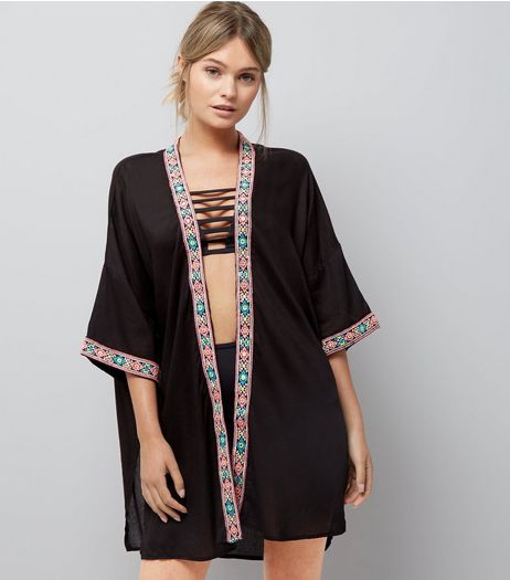 Black Embroidred Trim Kimono | New Look