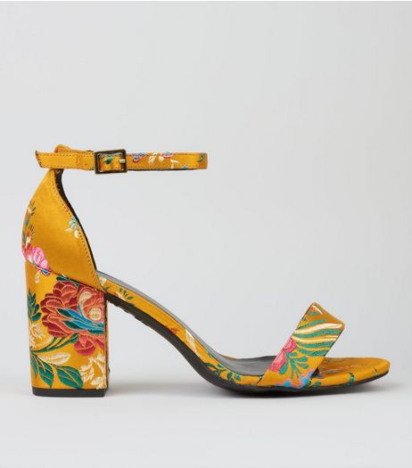 Wide Fit Yellow Floral Brocade Heeled Sandals | New Look