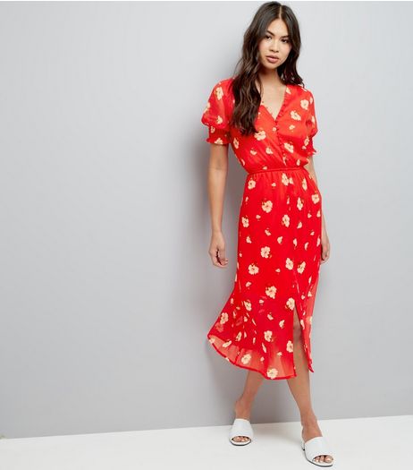 Influence Red Floral Print Midi Dress | New Look