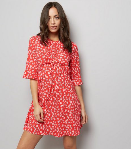 Influence Red Floral Print 1/2 Sleeve Dress | New Look