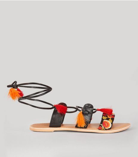 Black Leather Embroidered Tassel Trim Sandals | New Look