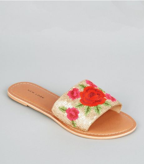 Gold Floral Sequin Embroidered Mules | New Look