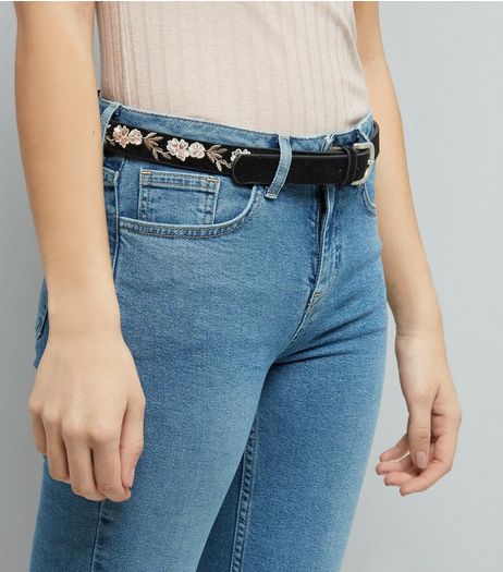 Black Floral Embroidered Jeans Belt | New Look