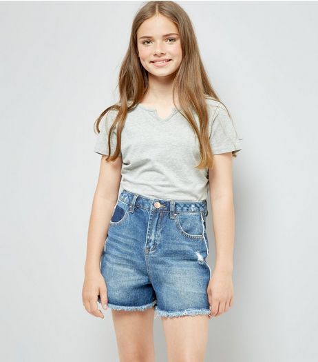 Teens Blue Frayed Side Seam Denim Shorts | New Look