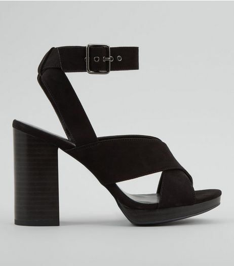 Black Cross Strap Buckle Strap Heels | New Look