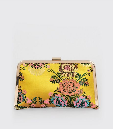 Yellow Sateen Floral Brocade Print Clutch | New Look