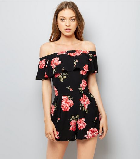 Cameo Rose Black Frill Trim Floral Print Playsuit | New Look