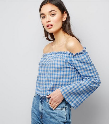Parisian Blue Gingham Flared Sleeve Bardot Top | New Look