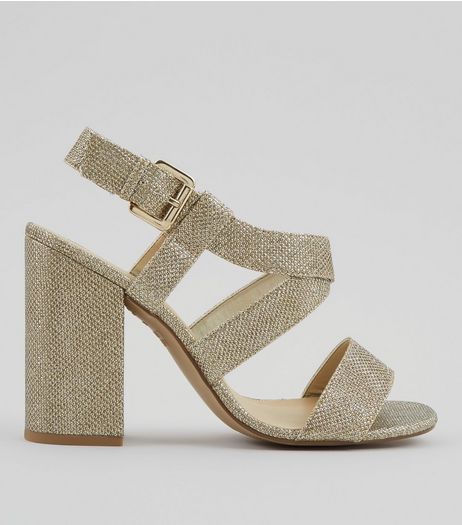 Gold Glitter Cross Strap Block Heels | New Look