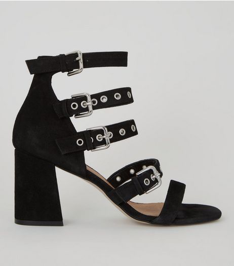Black Suede Eyelet Buckle Strap Heeled Sandals | New Look