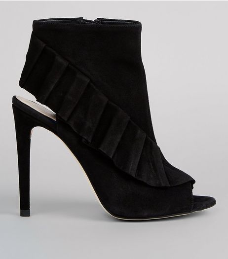 Black Suede Frill Trim Peep Toe Heels | New Look