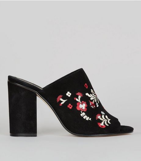 Black Suede Floral Embroidered Mules | New Look