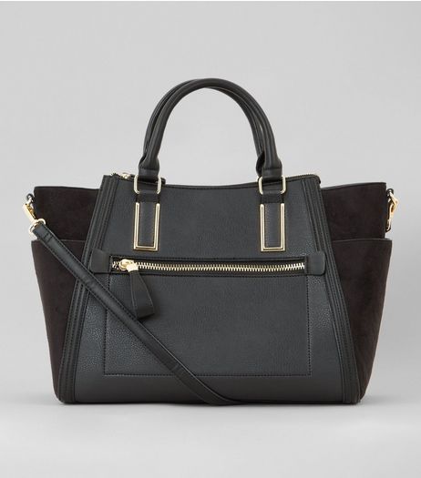Black Suedette Panel Side Tote Bag | New Look