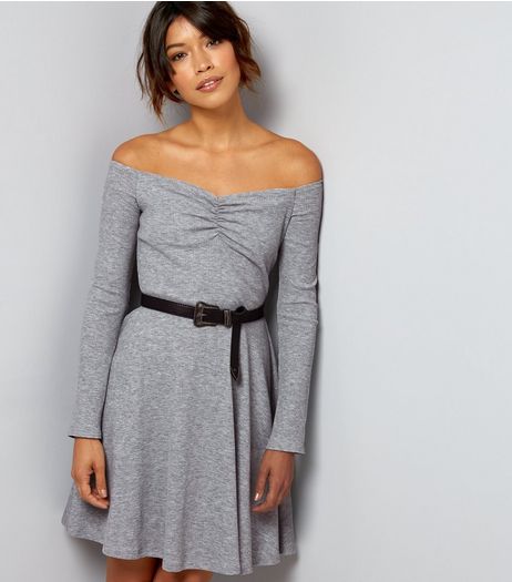 Dark Grey Ribbed Jersey Long Sleeve Bardot Neck Skater Dress | New Look