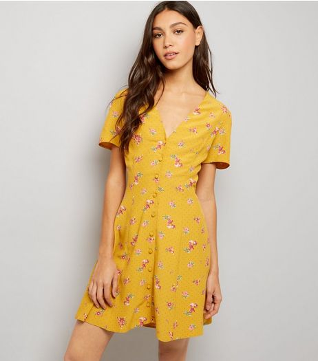Orange Ditsy Floral Print Button Front Dress | New Look