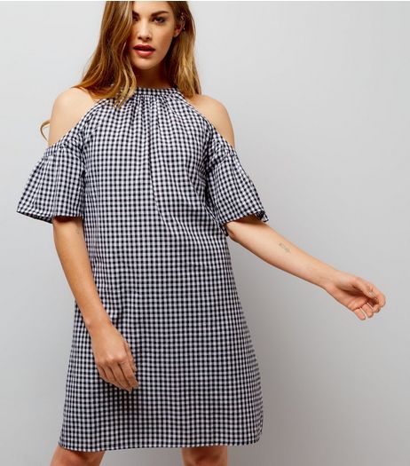 Black Gingham Cold Shoulder Dress | New Look
