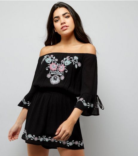 Black Embroidered Bardot Neck Playsuit | New Look