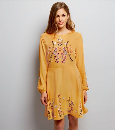 Yellow Bird Embroidered Skater Dress | New Look