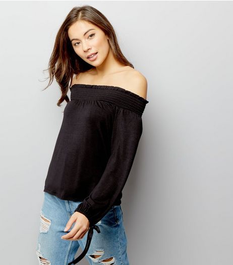 Black Shirred Bardot Neck Tie Sleeve Top | New Look