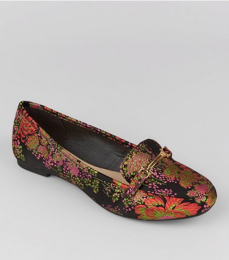 Teens Black Floral Brocade Loafers | New Look