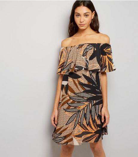 Brown Leaf Print Frill Trim Bardot Neck Dress | New Look
