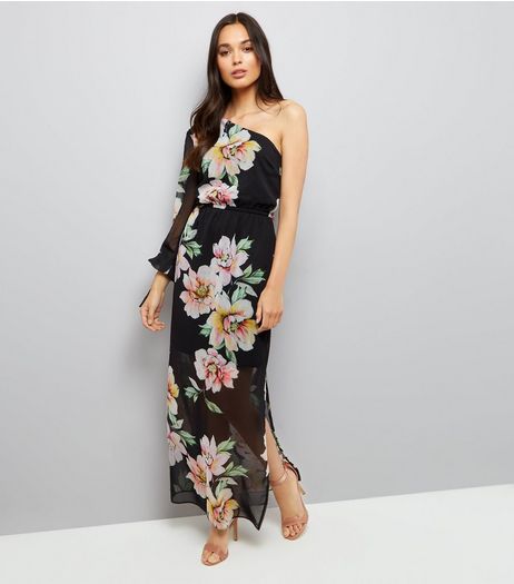 Black Floral Print Chiffon Maxi Dress | New Look
