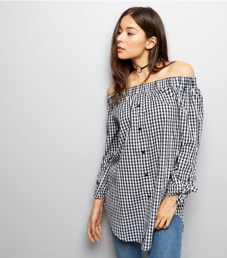 Cameo Rose Black Gingham Bardot Neck Longline Shirt | New Look
