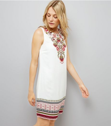 White Floral Border Print Tunic Dress | New Look